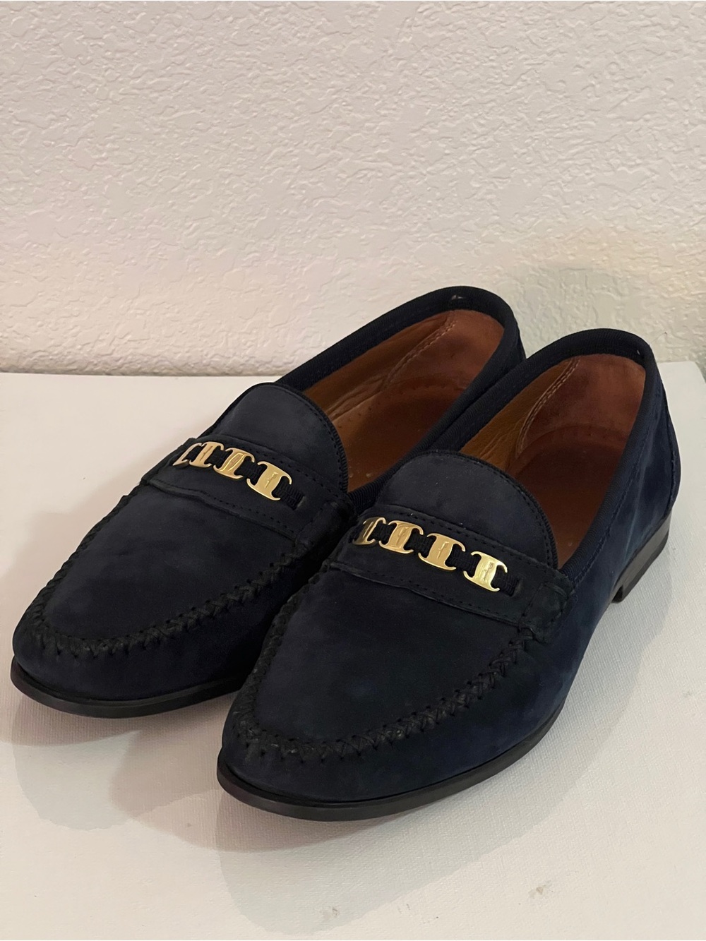 Salvatore Ferragamo Navy Suede Loafers with Gold Hardware